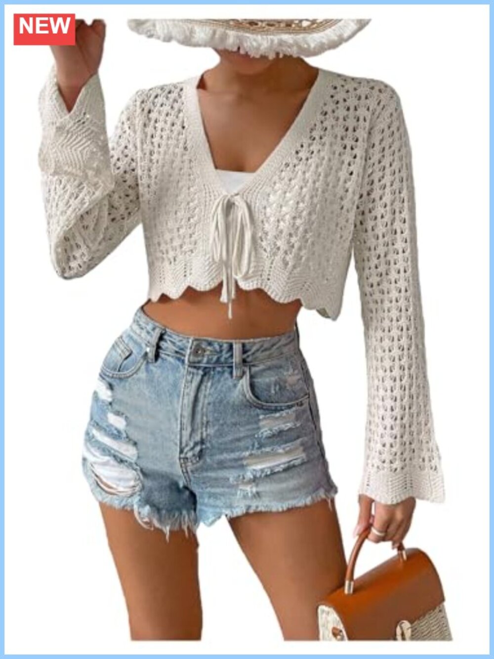 Crochet Tie Front Cropped Cardigan Bell Sleeve Boho Summer Beach Top